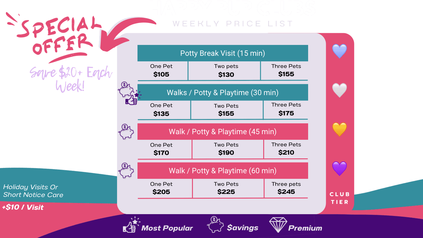 YPCC Pet Care Weekday Dog Walking Pricing List